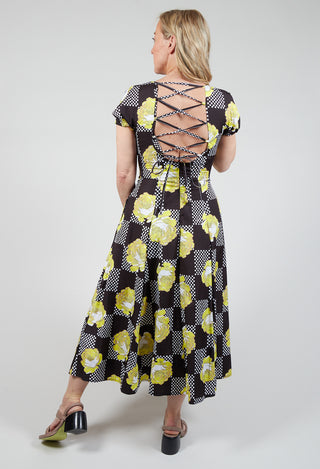 a-line dress in yellow with corset back detail