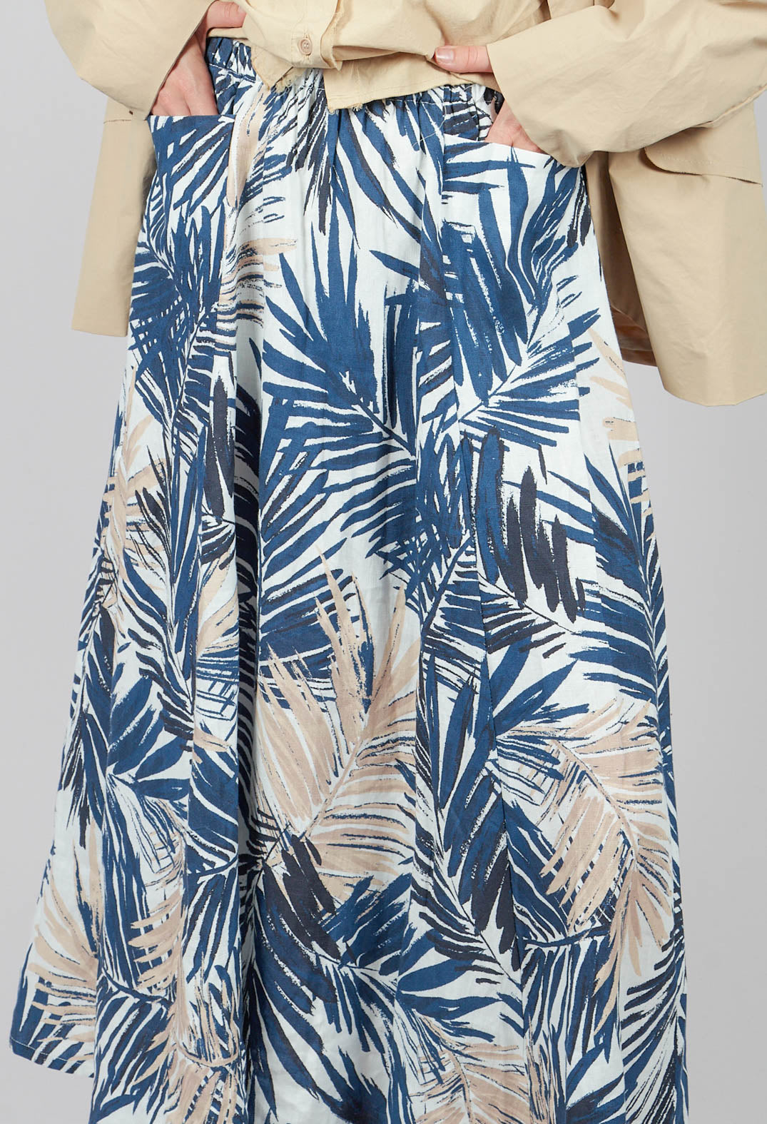 Printed Linen Maxi Skirt in Navy