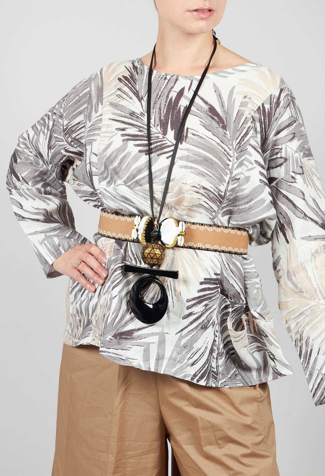 Printed Linen Button Back Top in Grey