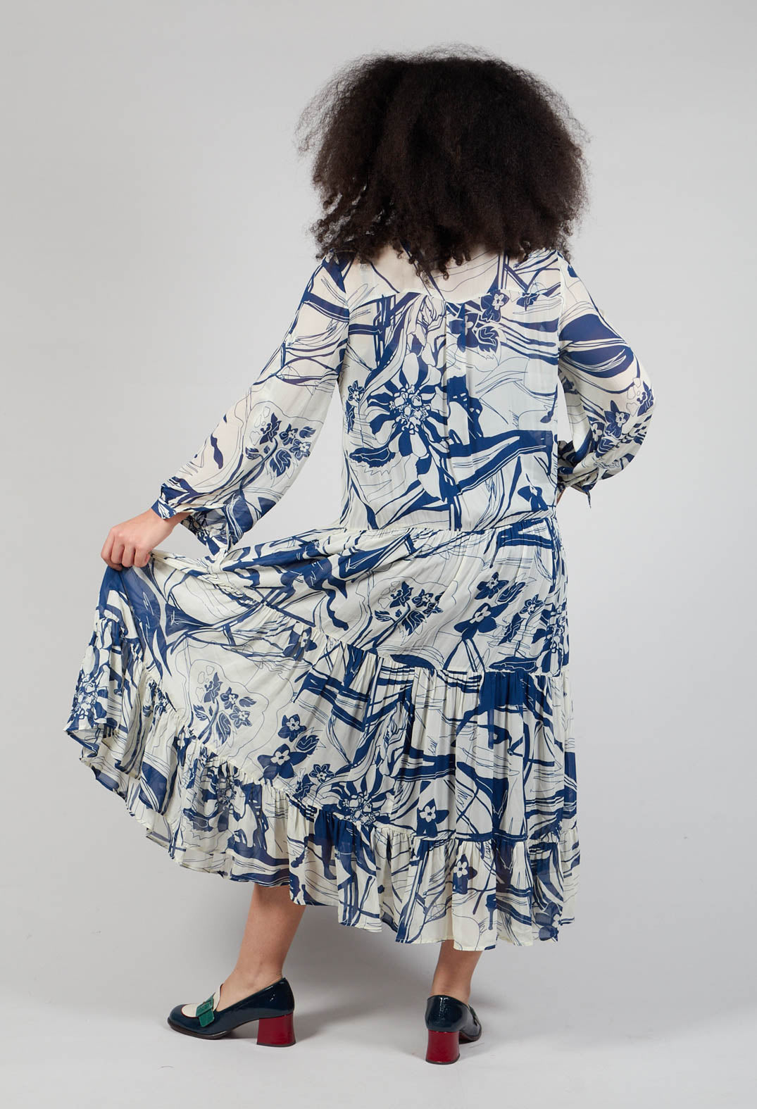 Abstract Print Flounce Dress in Light Blue