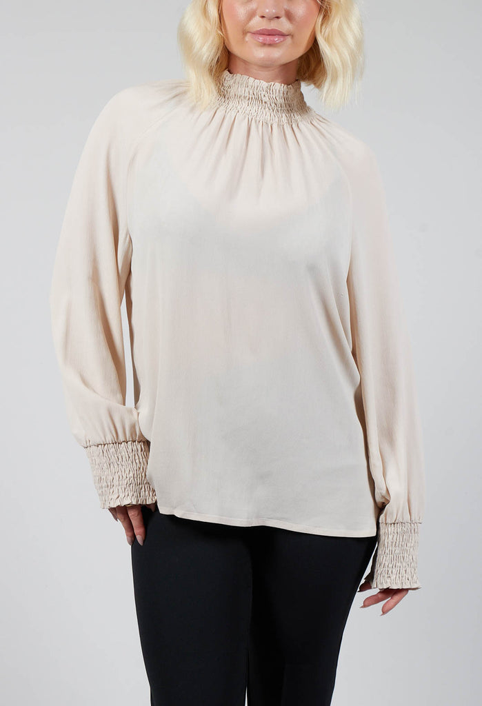 Ruffled Silk Blend Blouse in Sand