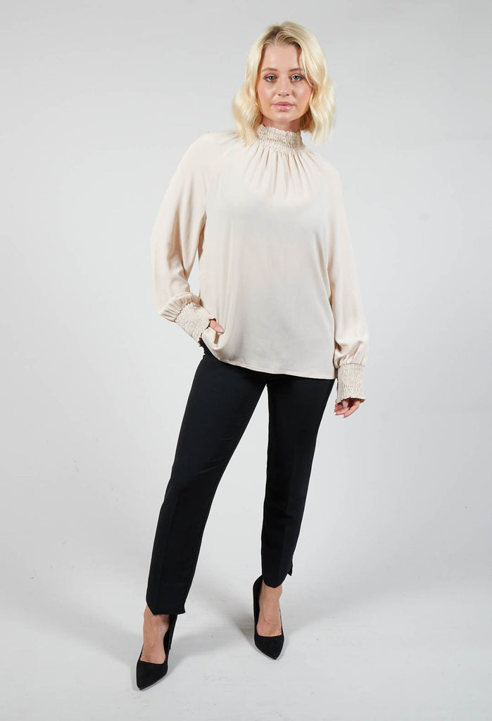 Ruffled Silk Blend Blouse in Sand