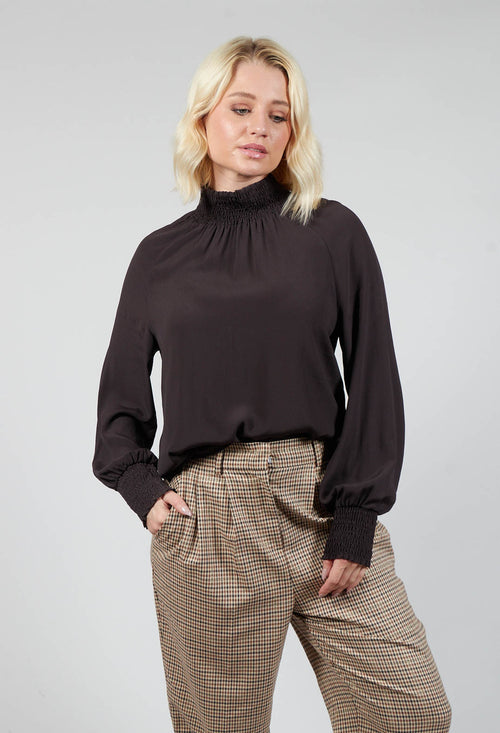 Ruffled Silk Blend Blouse in Espresso Brown