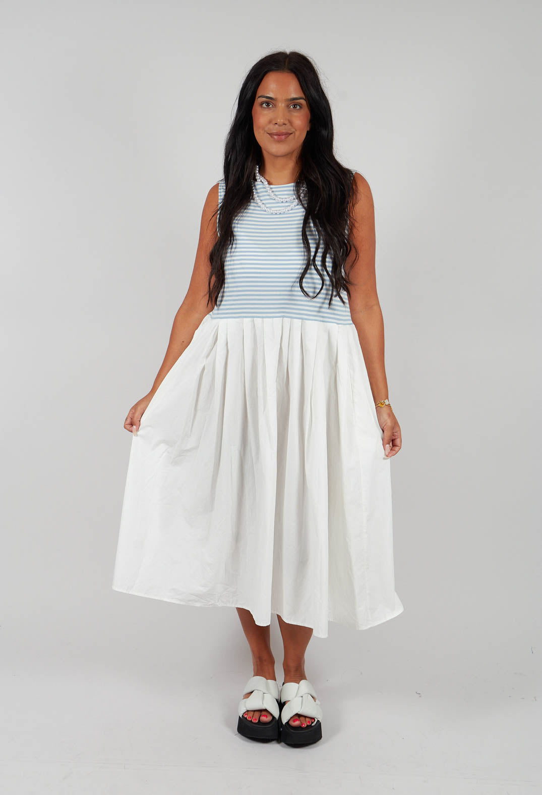 Sleeveless Midi Dress with Contrast Skirt in Latte Celeste / Latte