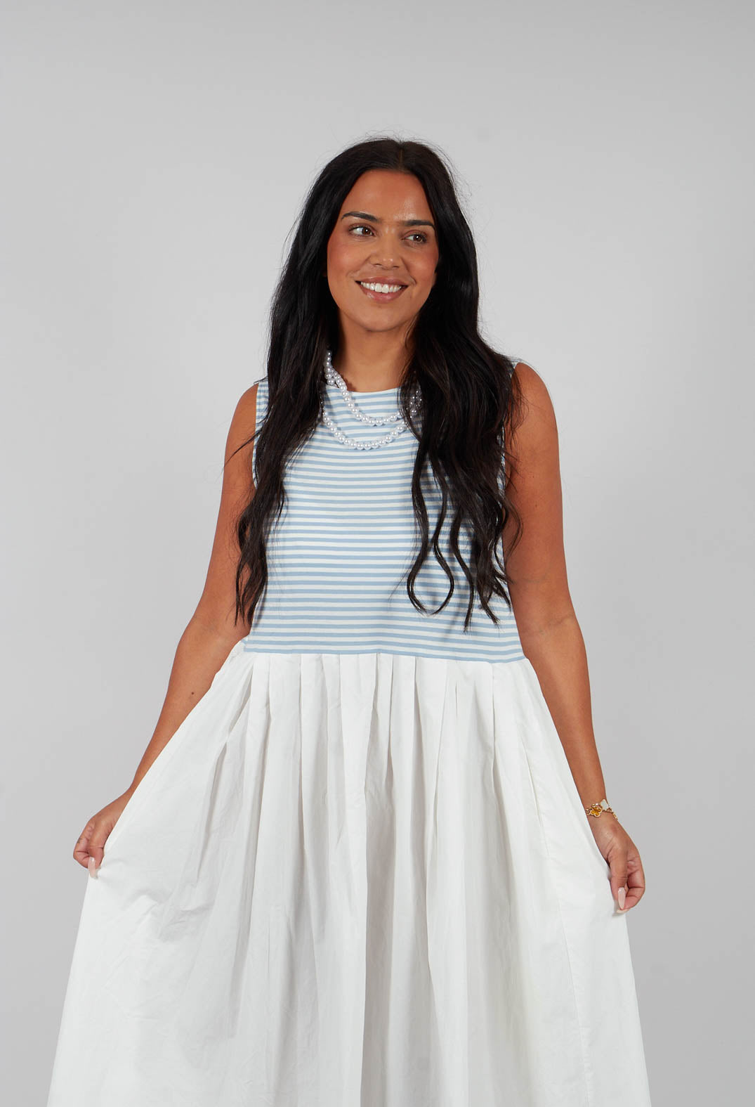 Sleeveless Midi Dress with Contrast Skirt in Latte Celeste / Latte