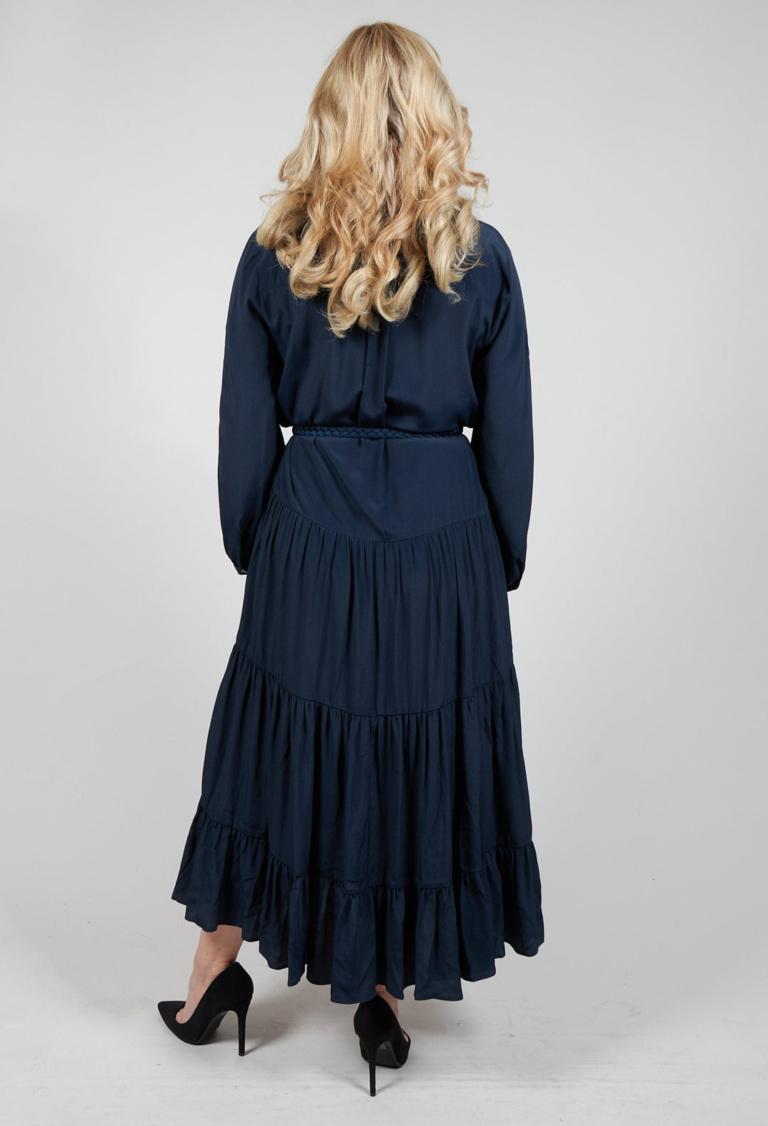 beautiful blue tiered maxi dress with long sleeves