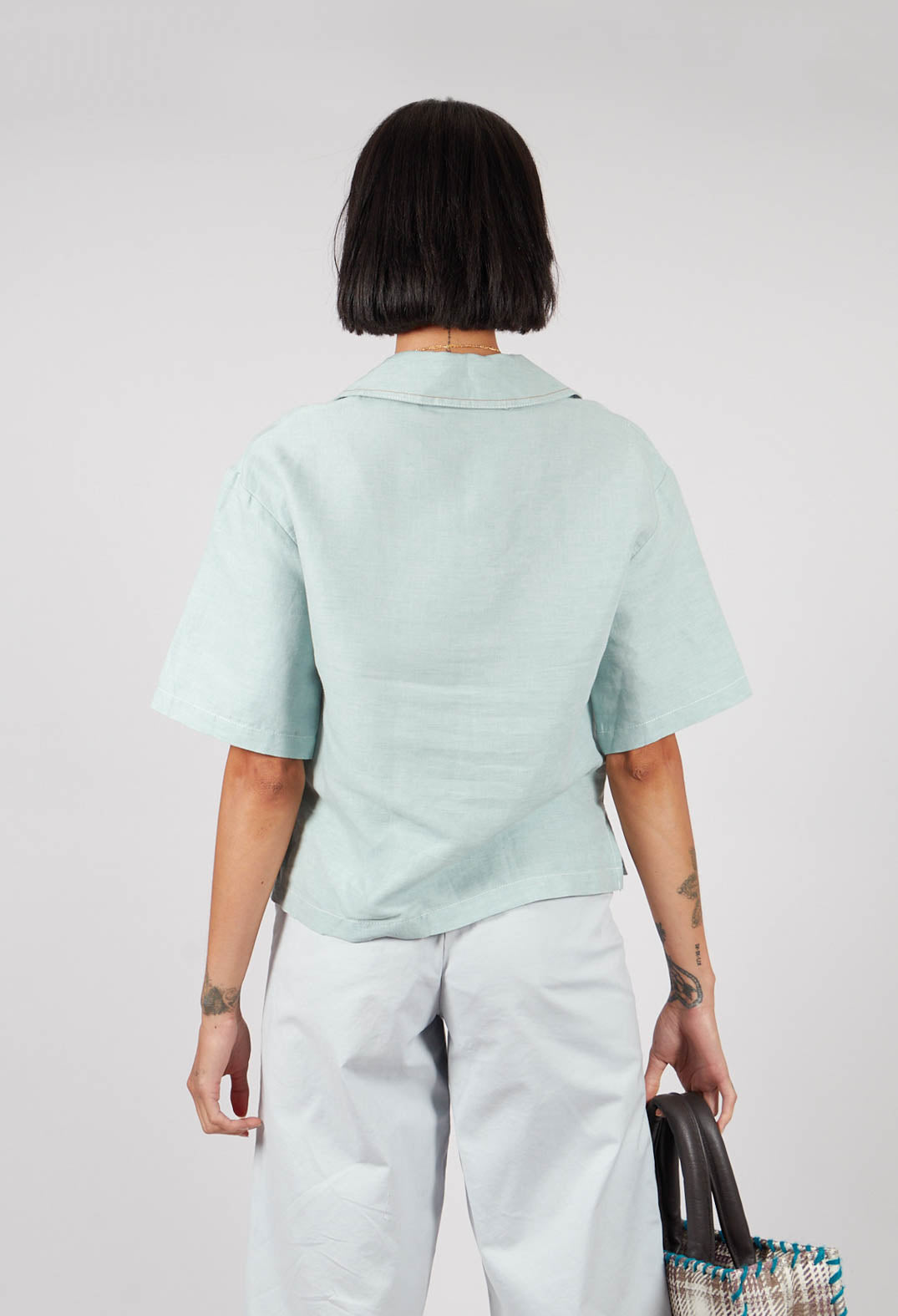 Linen Blouse with Large Pockets in Sky