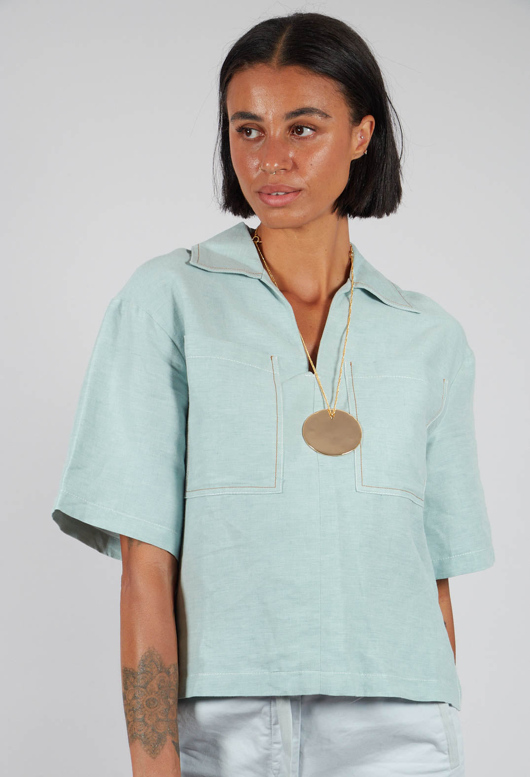 Linen Blouse with Large Pockets in Sky