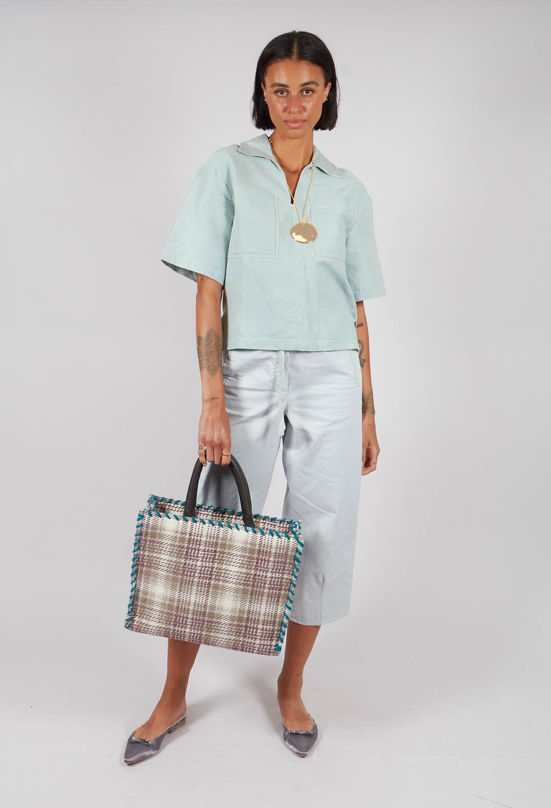 Linen Blouse with Large Pockets in Sky