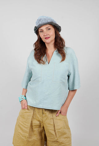 Linen Blouse with Large Pockets in Sky