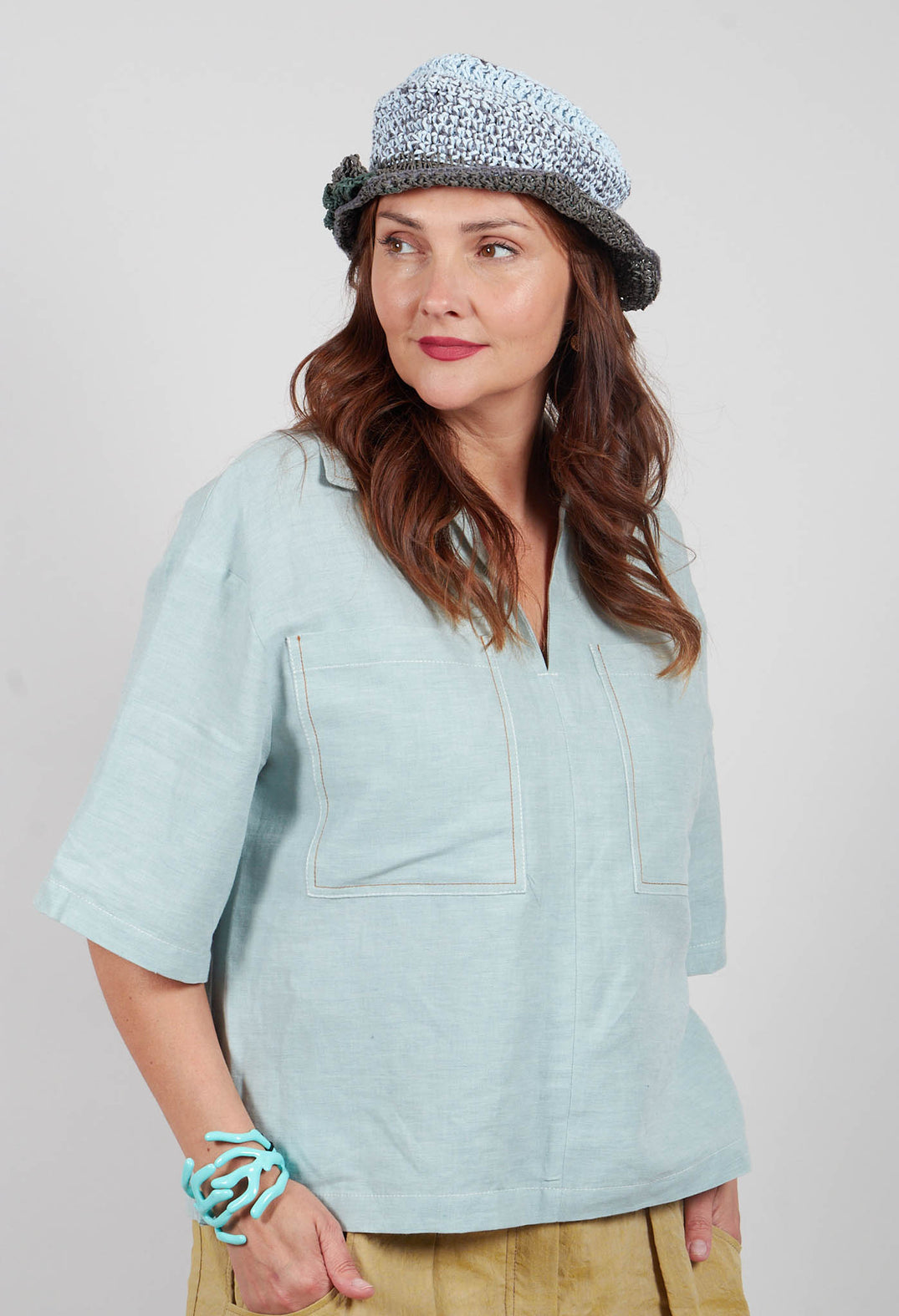 Linen Blouse with Large Pockets in Sky