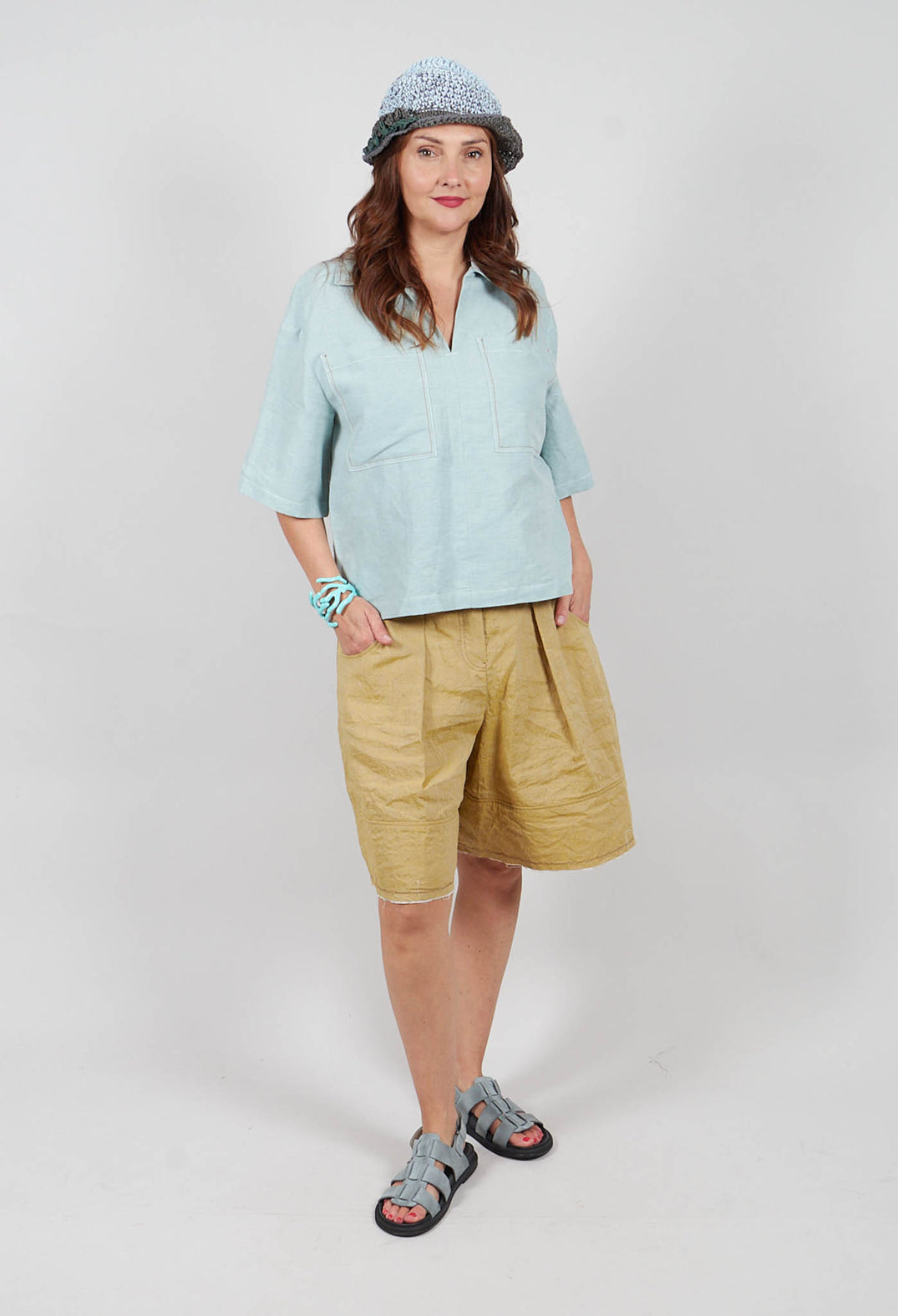 Linen Blouse with Large Pockets in Sky