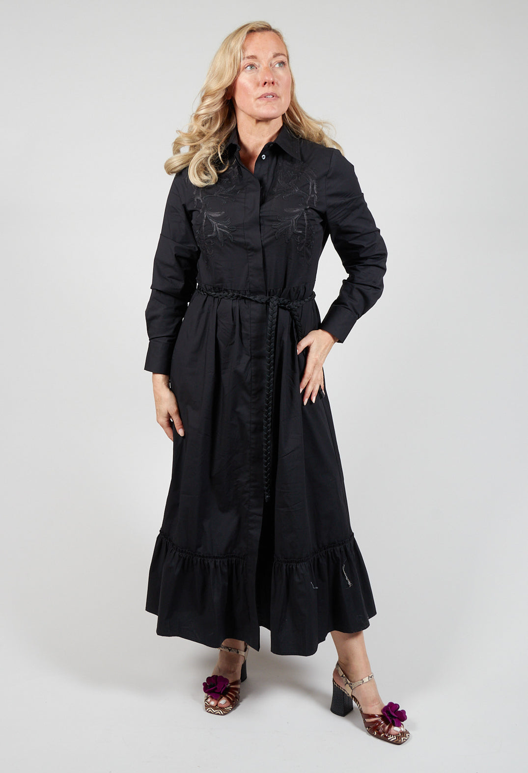 long shirt dress in black with waist tie belt