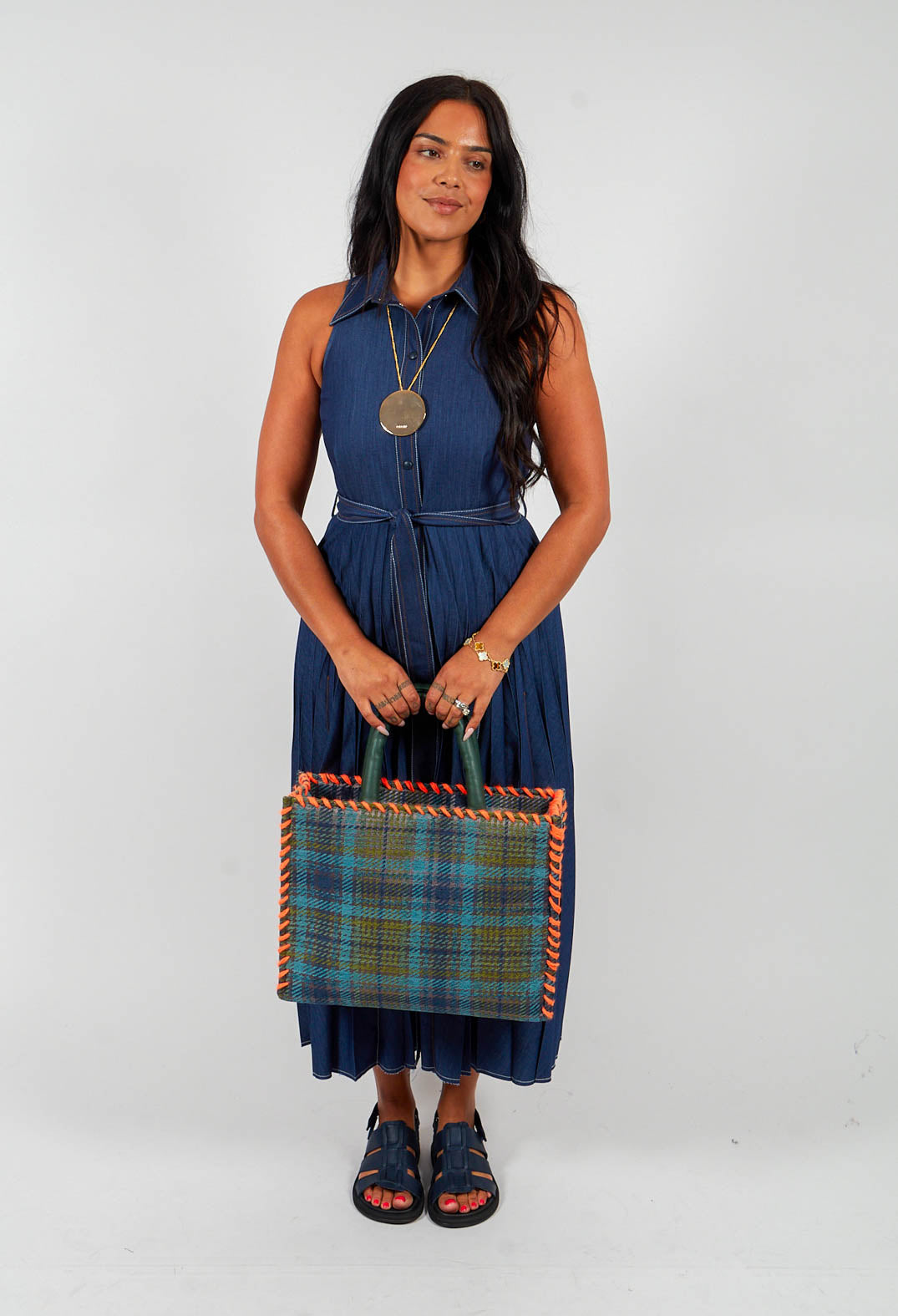 Denim-Look Pleated Dress in Blue