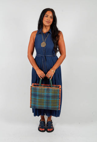 Denim-Look Pleated Dress in Blue