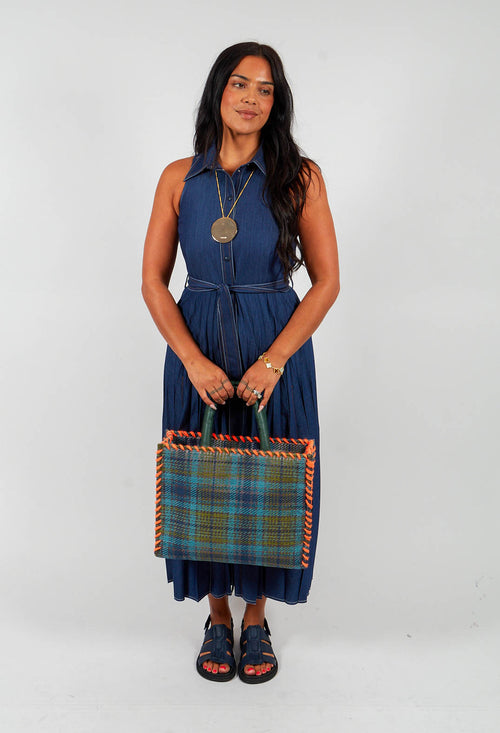 Denim-Look Pleated Dress in Blue