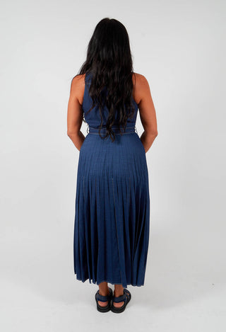 Denim-Look Pleated Dress in Blue