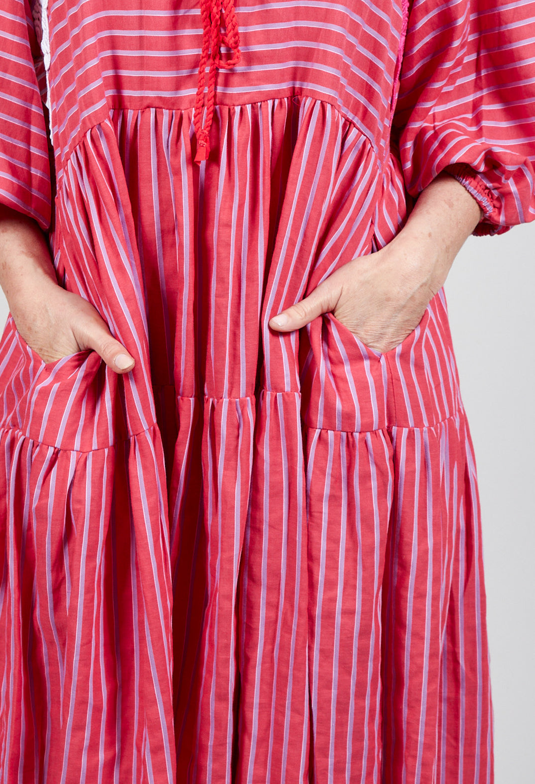 striped fuchsia lace dress with front pockets
