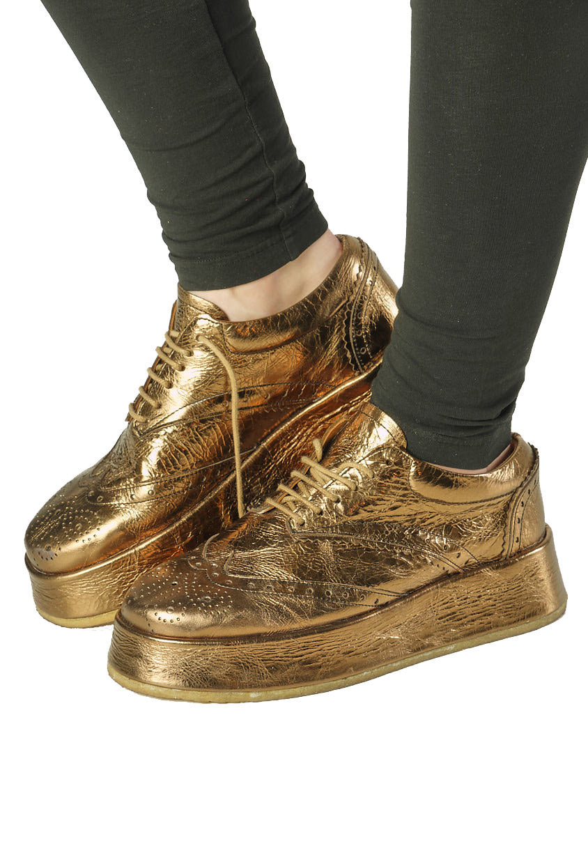 PRE-ORDER - Platform Sole Leather Brogues in Gold - 1985216