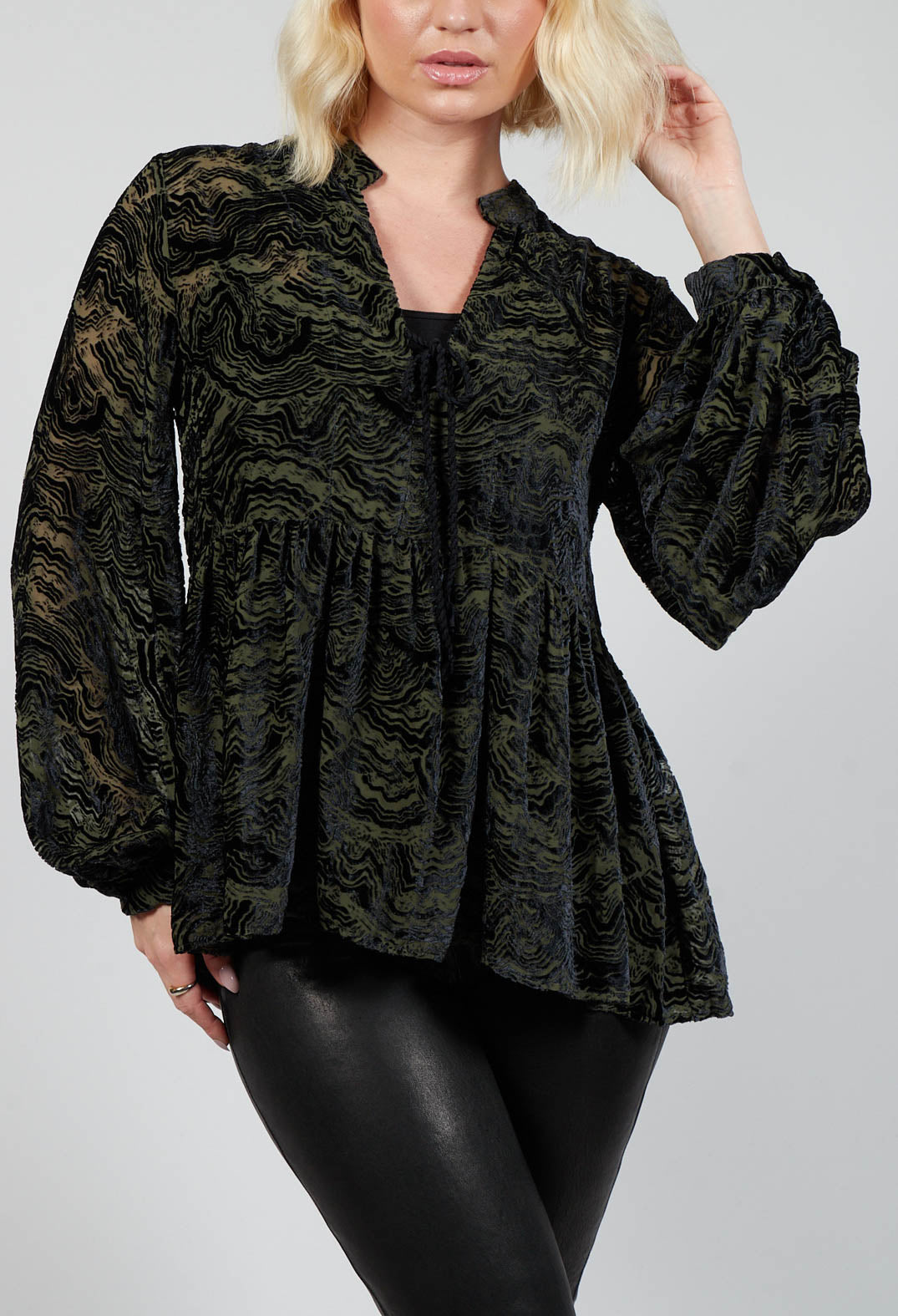 Long Sleeved Peplum Blouse In Green