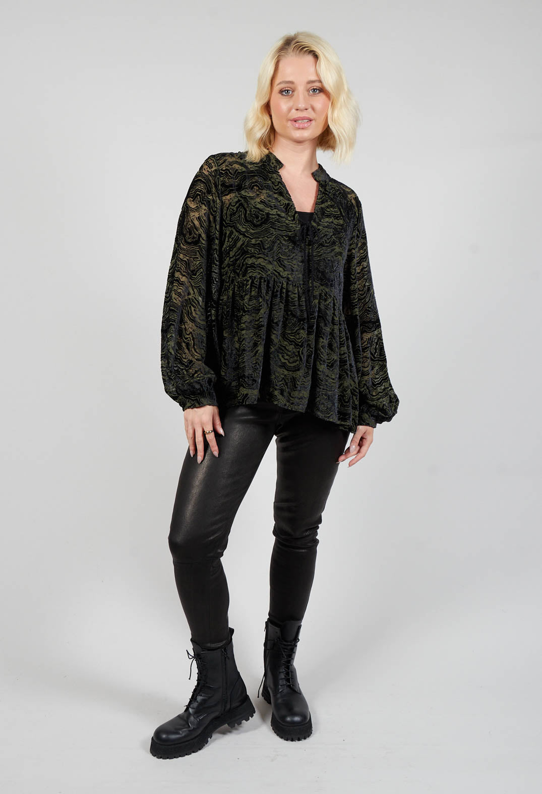 Long Sleeved Peplum Blouse In Green