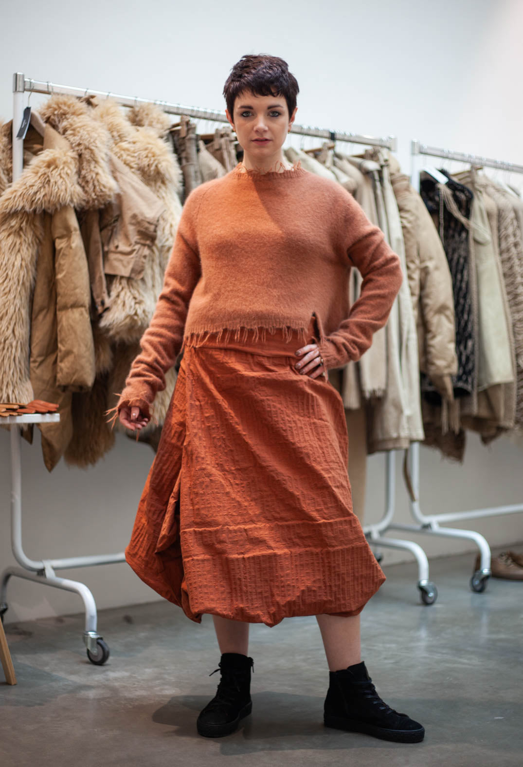 PRE-ORDER - Draped A-Line Skirt in Clay 3D Optic (Pictured in Terracotta 3D Optic) - 2240304