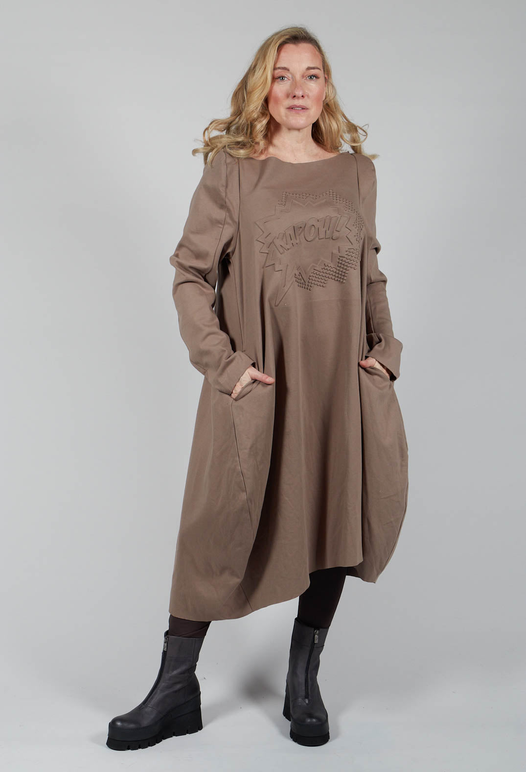 Wide Neck Long Sleeve Print Dress in Toffee Boss