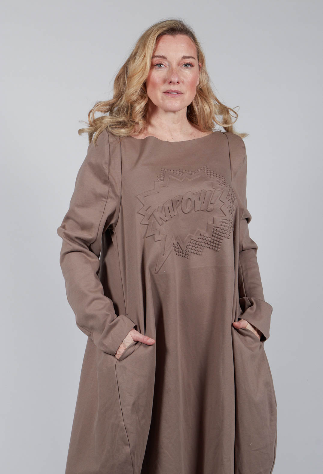 Wide Neck Long Sleeve Print Dress in Toffee Boss