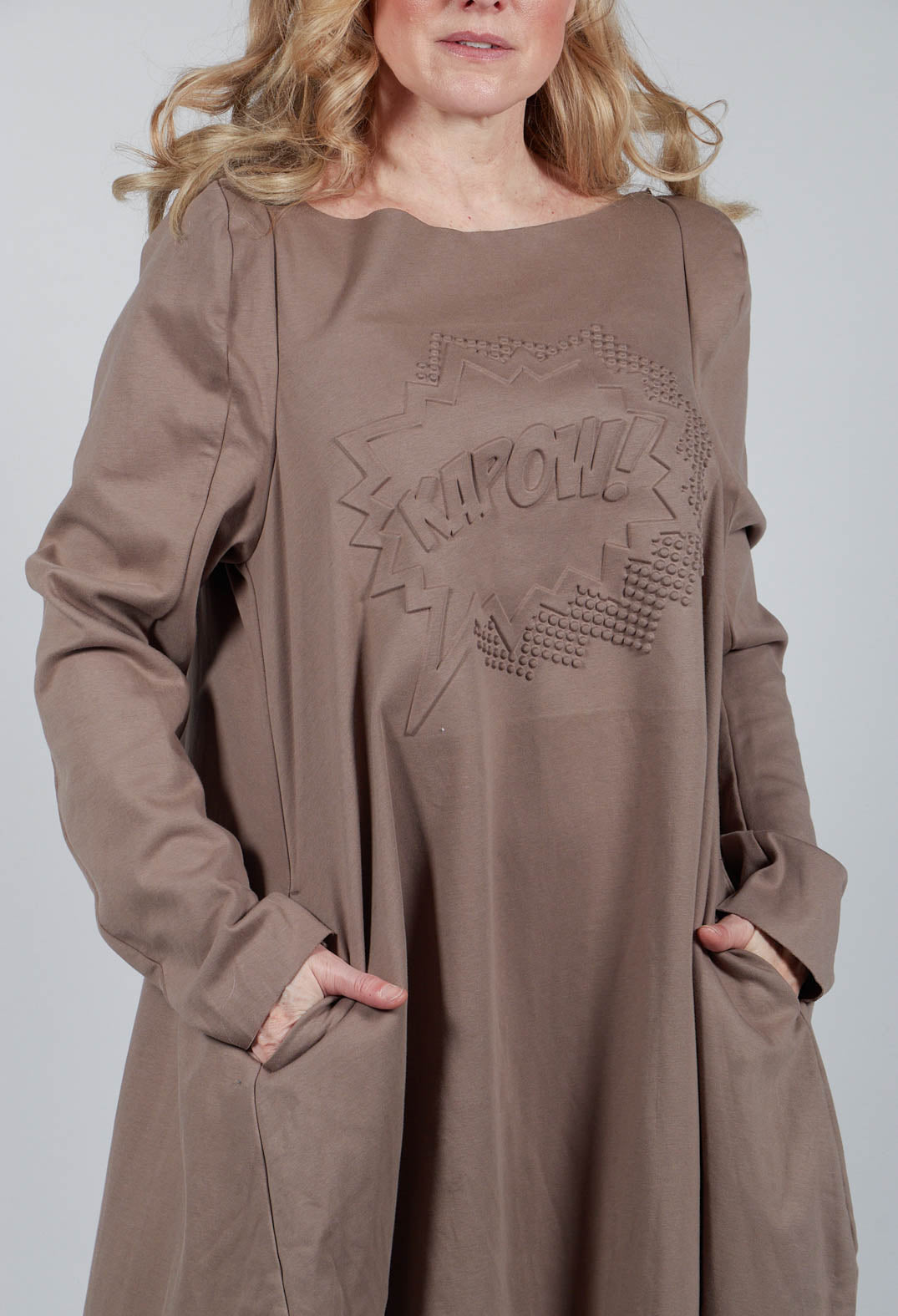 Wide Neck Long Sleeve Print Dress in Toffee Boss