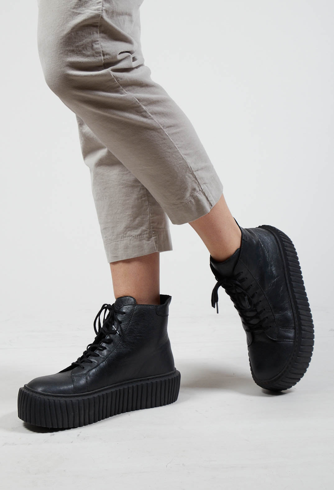 Leather Lace up Ankle Boots in Ghost Black