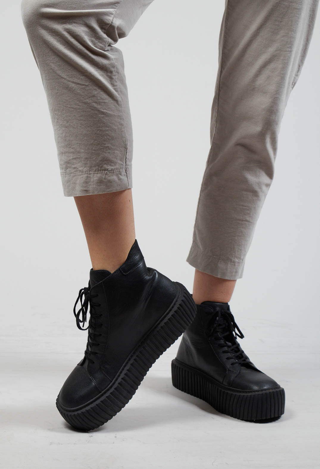 Leather Lace up Ankle Boots in Ghost Black