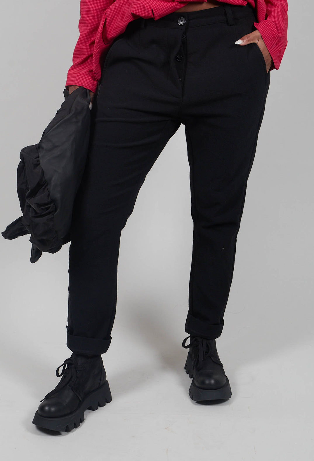 Loose Style Trousers with Military Style Trim in Black