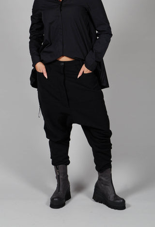 Low Drop Crotch Trousers with Military Trim in Black