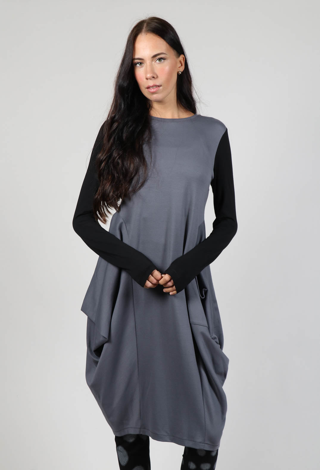 Long Sleeved Jersey Dress with Back Zip Detail in Grey Black