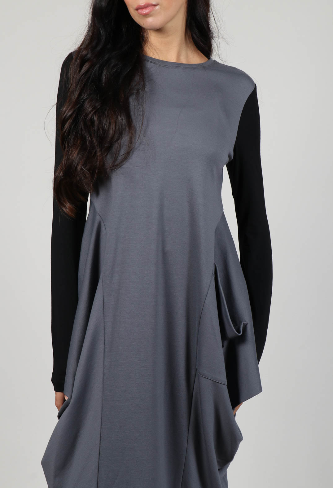 Long Sleeved Jersey Dress with Back Zip Detail in Grey Black