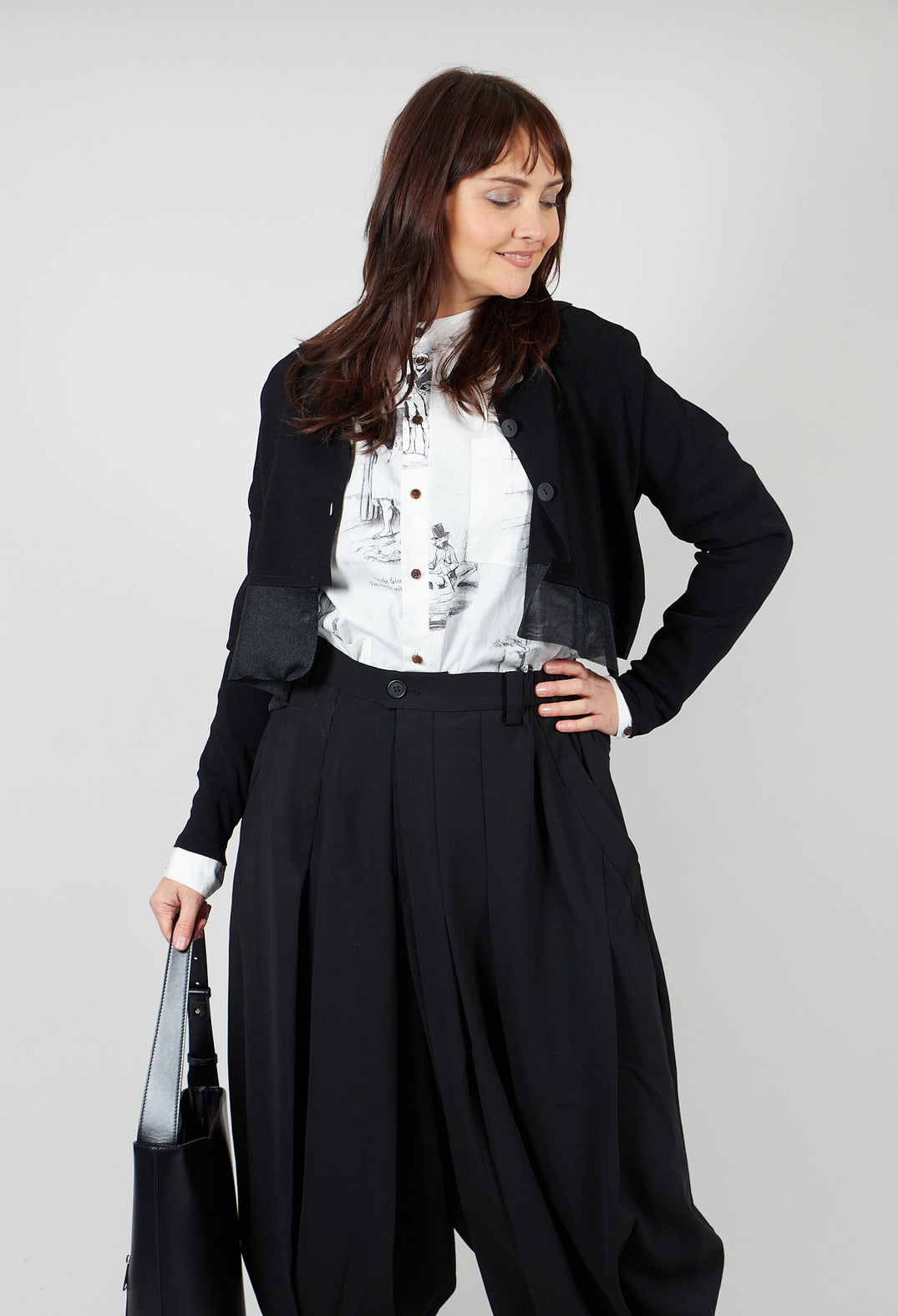 Cropped Style Cardigan with Net Trim in Black