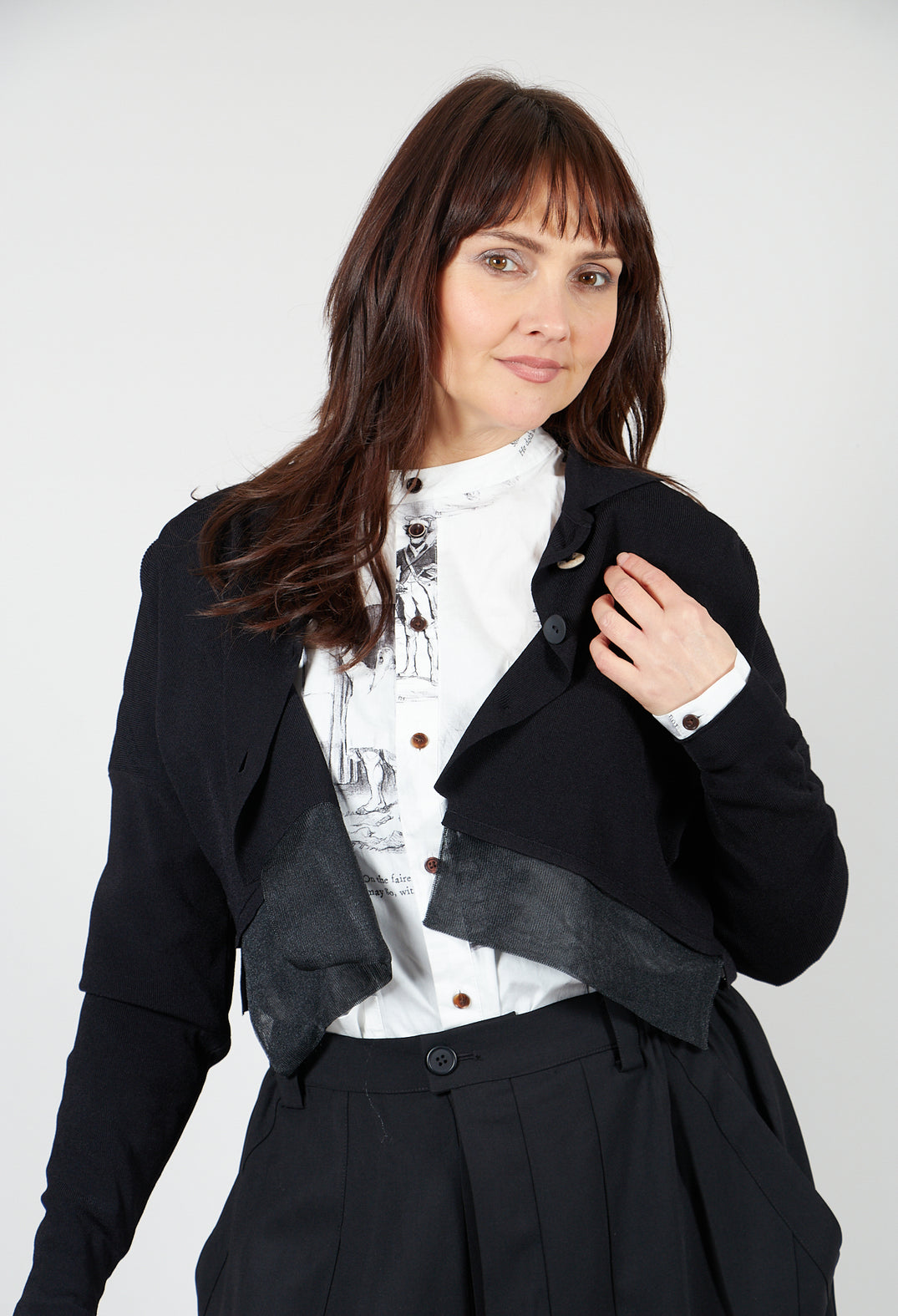 Cropped Style Cardigan with Net Trim in Black