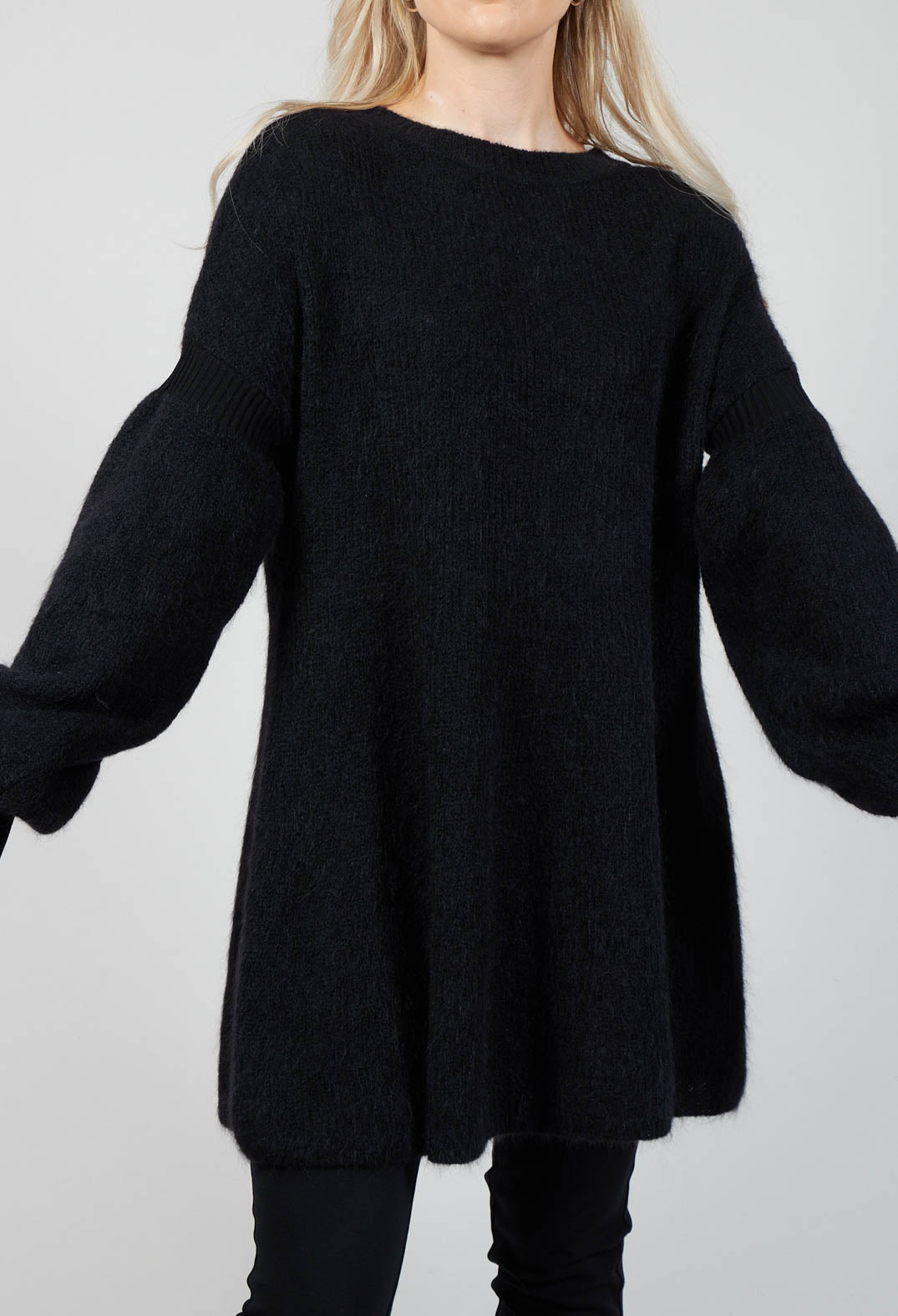 Knitted Flared Jumper Dress with Balloon Sleeves in Black