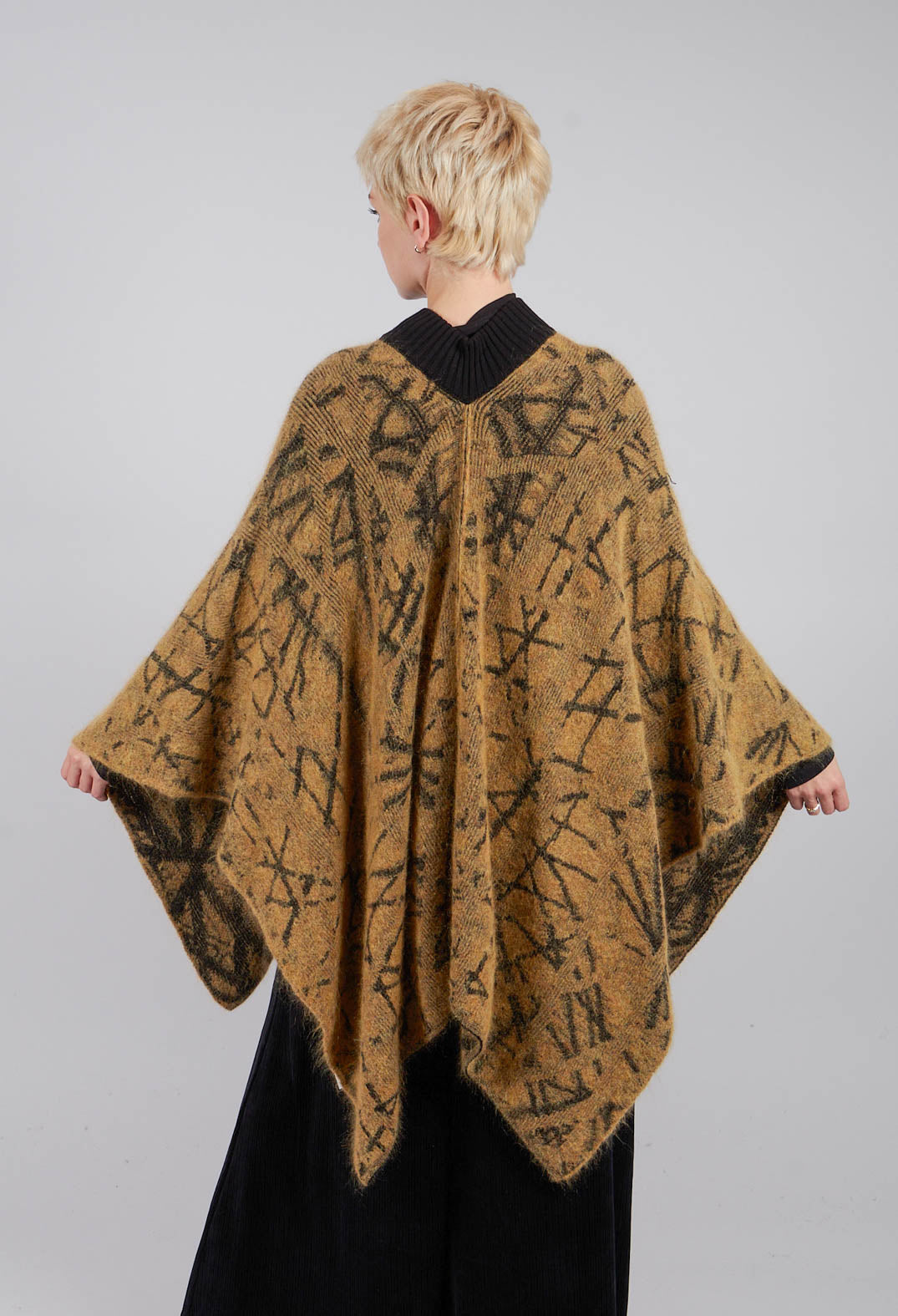 High Button Neck Poncho with Black Pattern Detail in Mustard