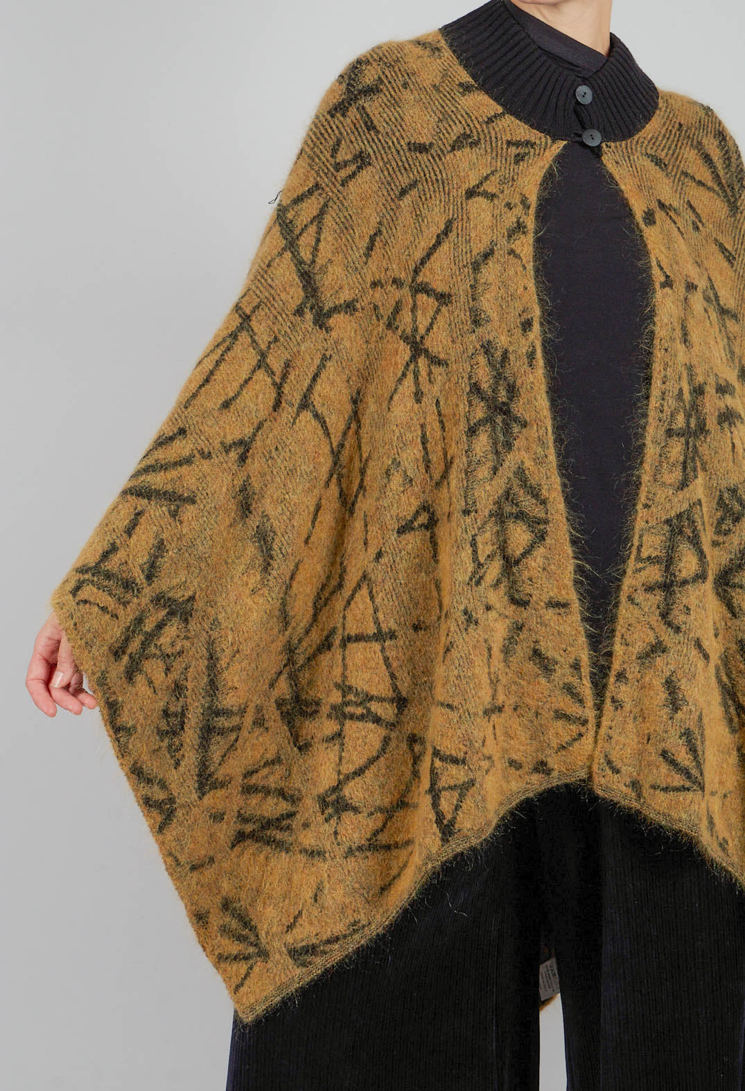 High Button Neck Poncho with Black Pattern Detail in Mustard