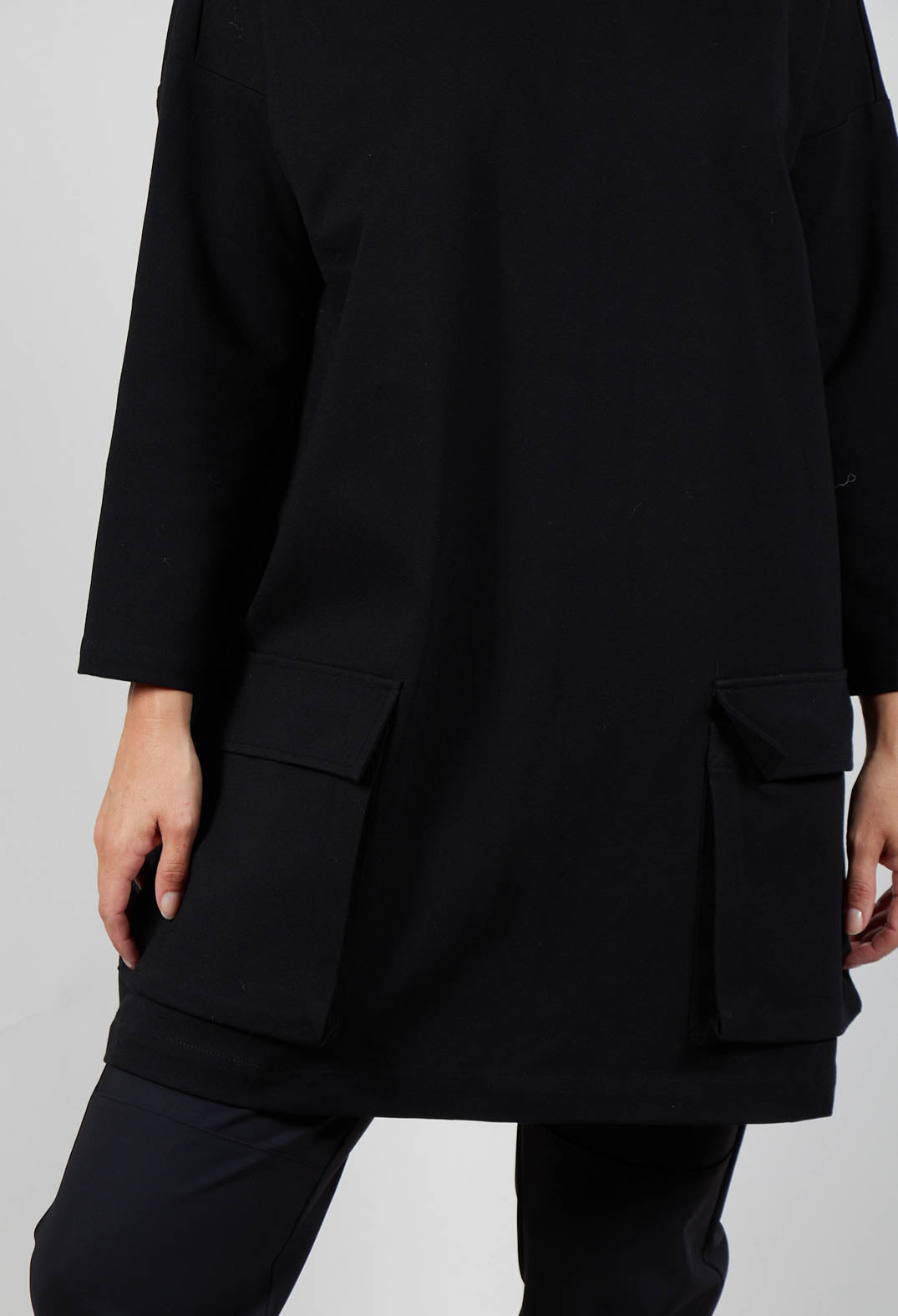 Slash Neck Tunic Dress with Large Pocket Detail in Black