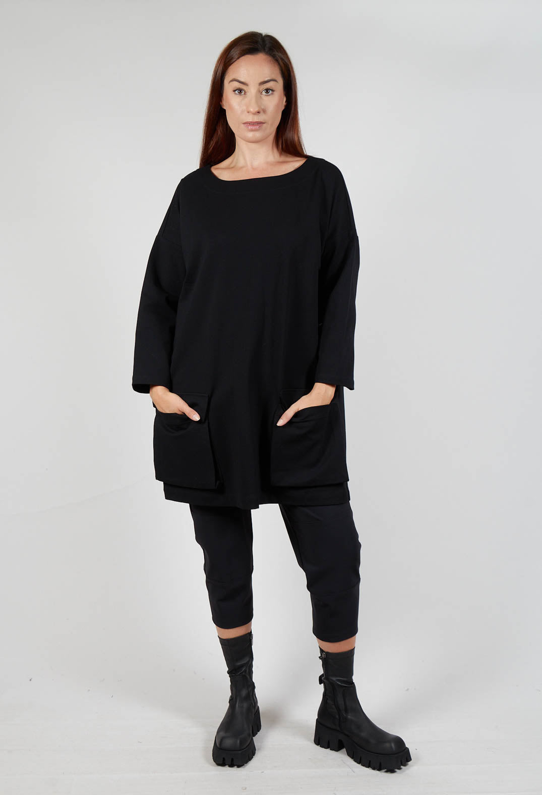Slash Neck Tunic Dress with Large Pocket Detail in Black
