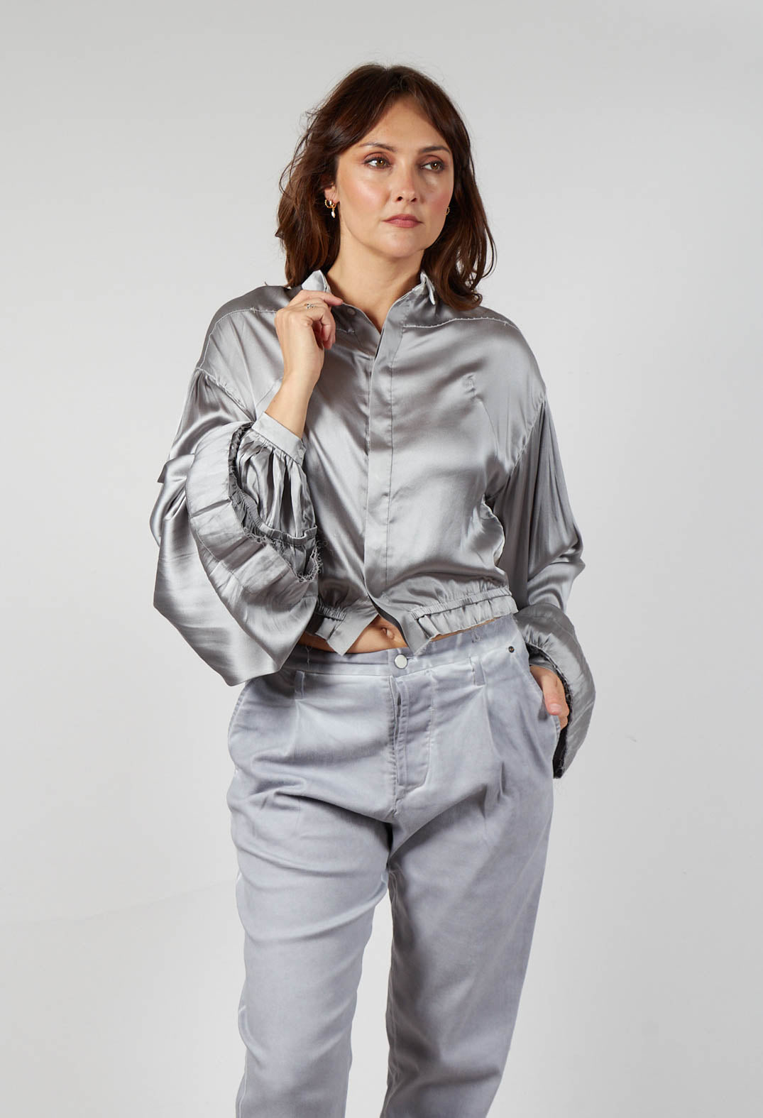 Silk Grey Short Shirt with Contrasting Back