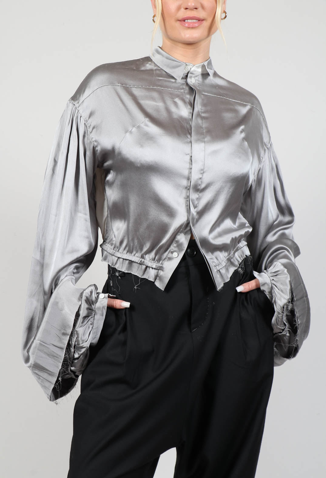 Silk Grey Short Shirt with Contrasting Back