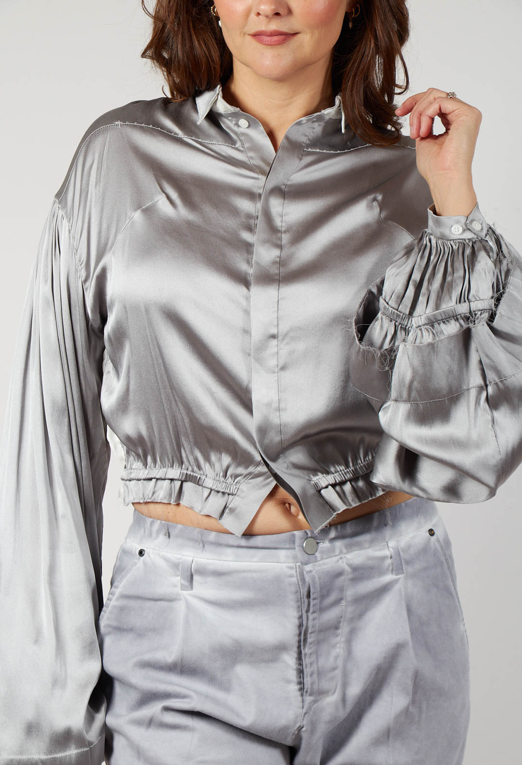 Silk Grey Short Shirt with Contrasting Back