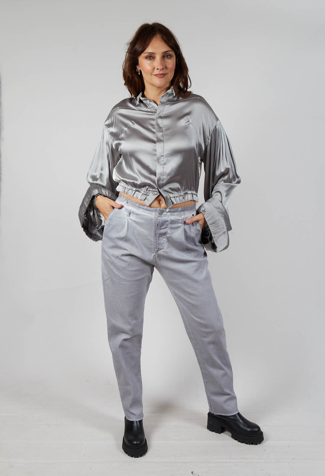 Silk Grey Short Shirt with Contrasting Back