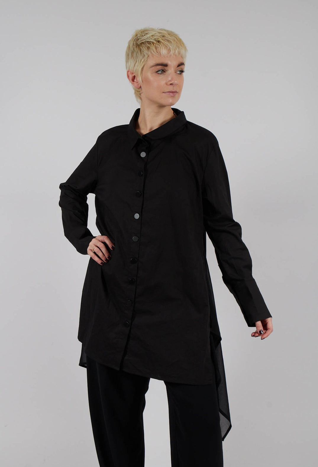 Longline Shirt with Flat Buttons in Black