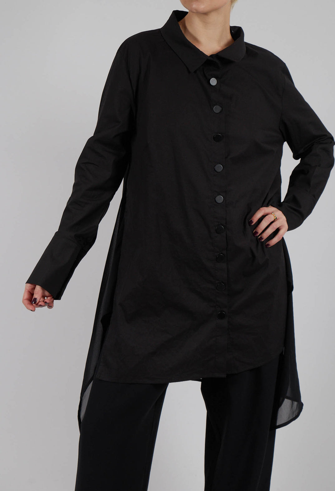 Longline Shirt with Flat Buttons in Black