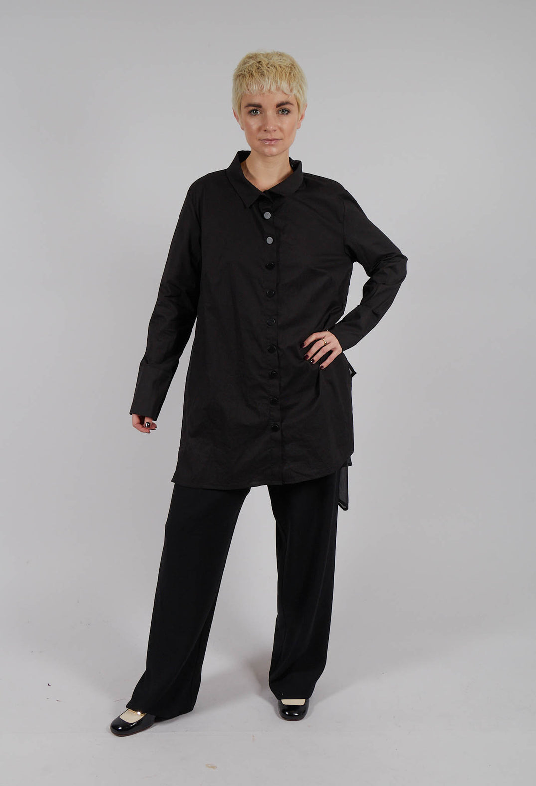 Longline Shirt with Flat Buttons in Black