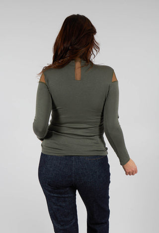 High Neck Top with Sheer Inserts in Khaki